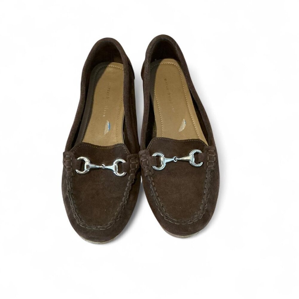Women’s Brown leather loafers moccasin with silver buckle detail size 7.5‎